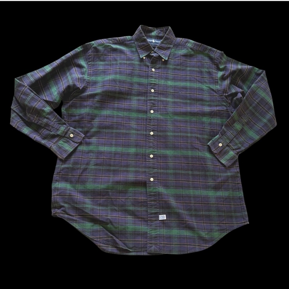 80's Ralph Lauren Large Dark Watch Plaid Cotton Button Down Shirt Green Navy